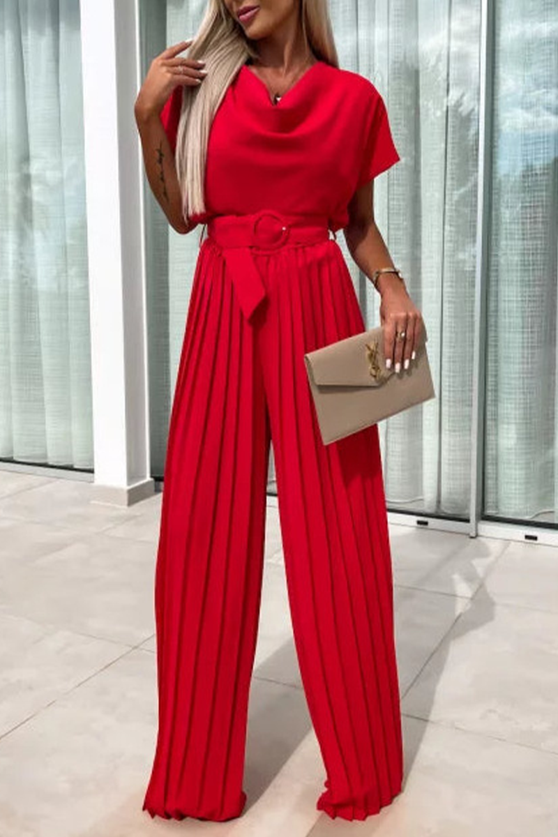 Casual - Combinaisons amples de couleur unie avec ceinture et col en velours plissé (3 couleurs)
