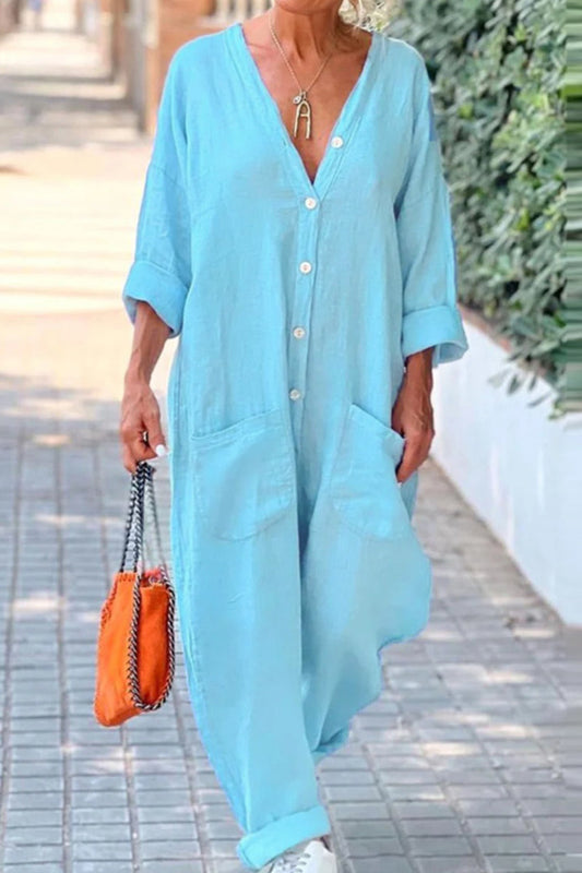 Casual Combinaisons à encolure en V avec boutons de poche de couleur unie