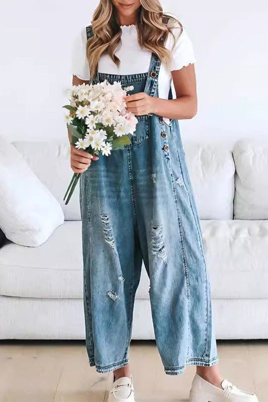 Casual - Combinaisons en denim sans manches à col carré et boutons abîmés