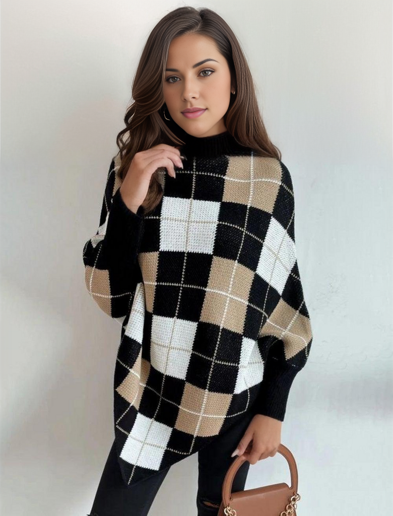 Catherine - Pull élégant à motif géométrique et col montant