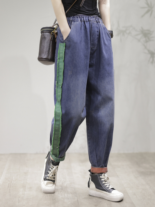 Vintage Loose Fit Patch Denim Pantalon Pantalon
