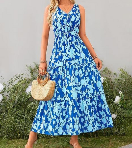 Robe midi d'été sans manches avec imprimé moderne pour les journées ensoleillées