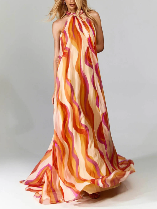 Robe longue élégante pour l'été avec encolure demi-cercle et imprimé volanté