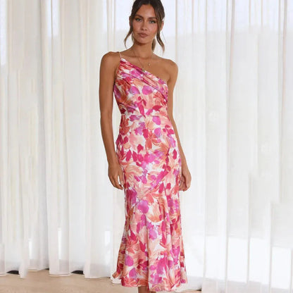 Robe longue asymétrique à imprimé floral pour occasions spéciales