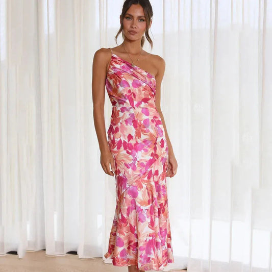 Robe longue asymétrique à imprimé floral pour occasions spéciales