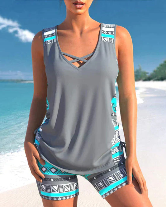 Tankini avec imprimé tribal et détails croisés