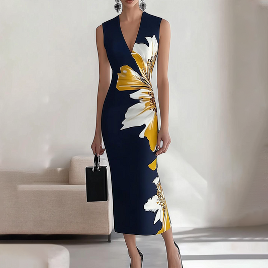 Robe longue sans manches à imprimé floral élégant, idéale pour les occasions spéciales