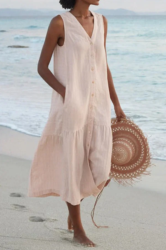 Robe longue sans manches avec encolure en V et boutons