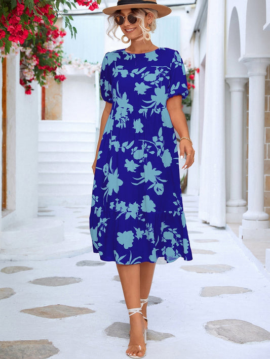Robe midi à fleurs avec manches bouffantes et volants à l'ourlet