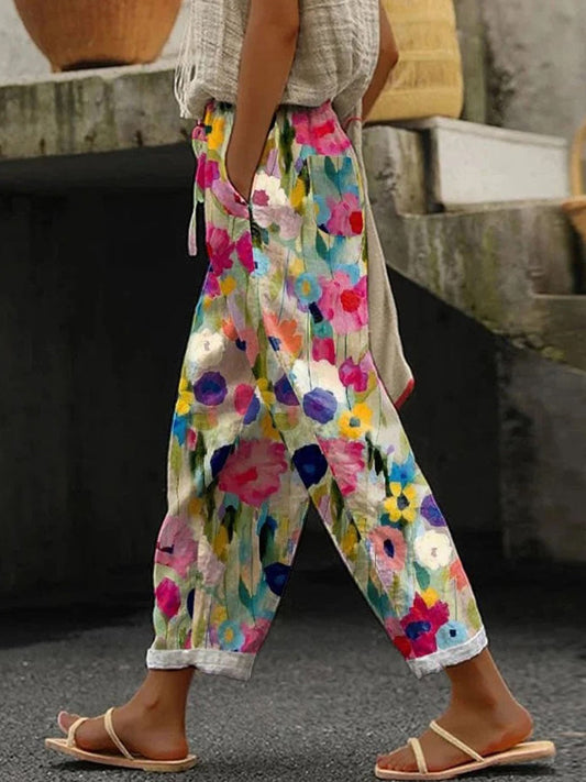 Pantalon femme avec imprimé floral et poches