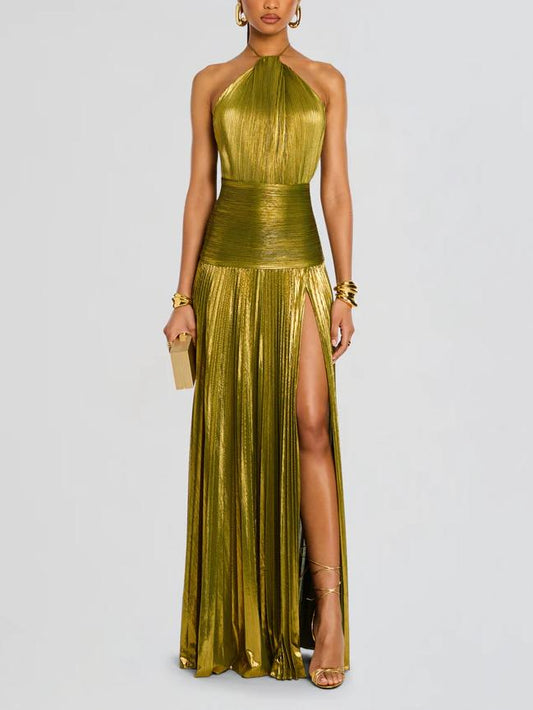 Robe longue Thalia en péridot métallique