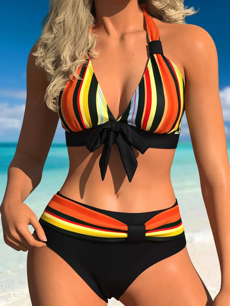 Bikini dos nu avec imprimé rayé coloré et cordon de serrage