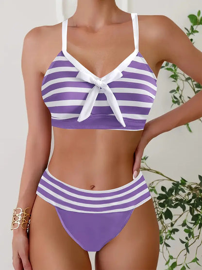 Bikini sexy à col en V avec nœud imprimé rayé
