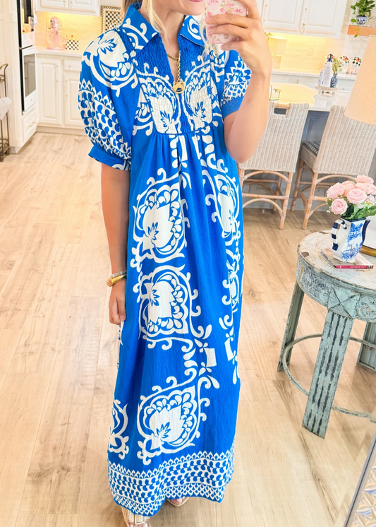 Robe midi style bohème à manches bouffantes et imprimé mix-and-match