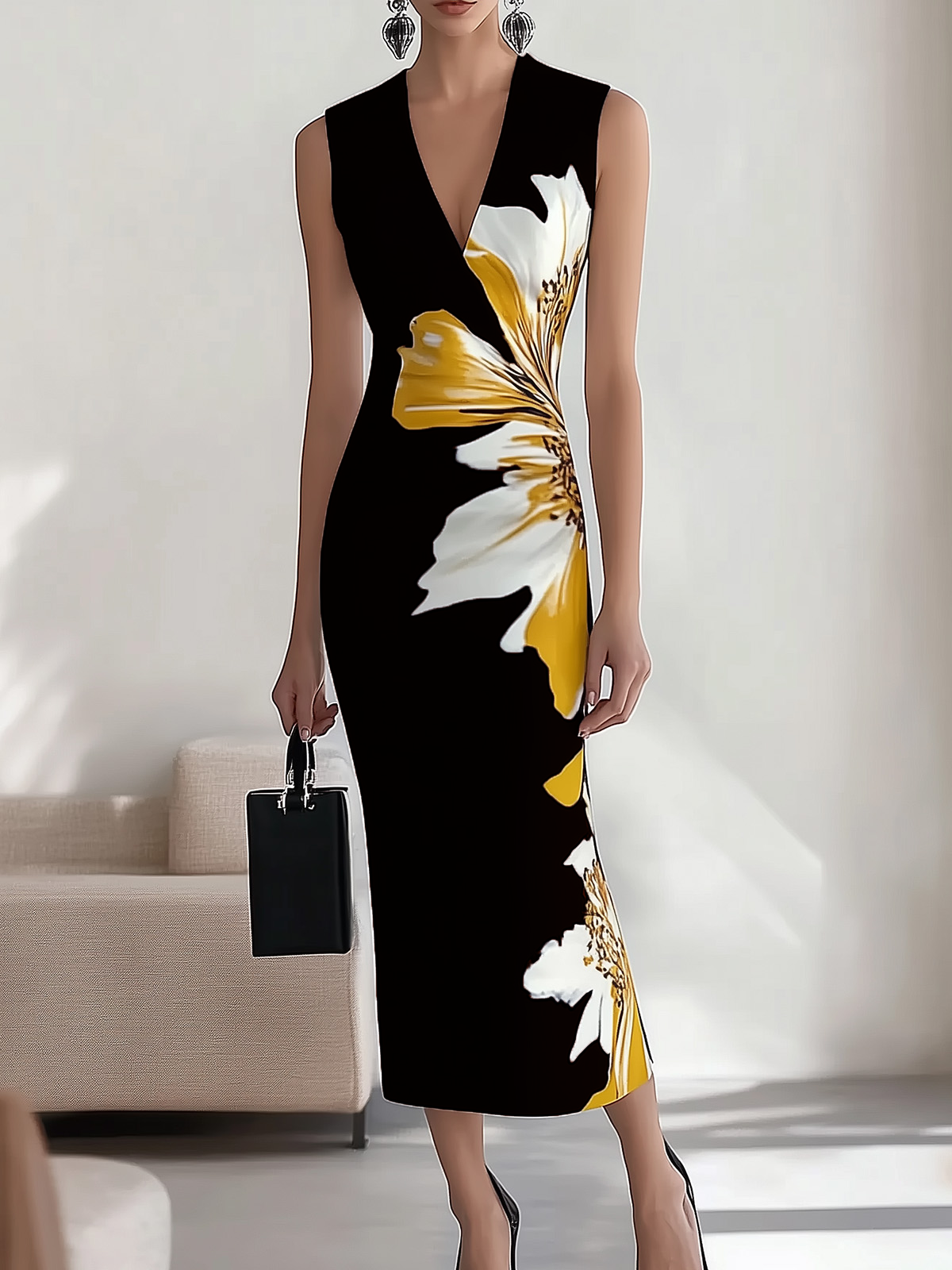 Robe longue sans manches avec encolure en V et imprimé floral