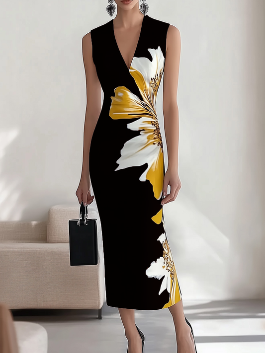 Robe longue sans manches avec encolure en V et imprimé floral