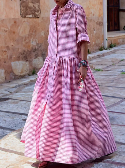 Robe à carreaux en coton et lin : confort décontracté avec manches longues