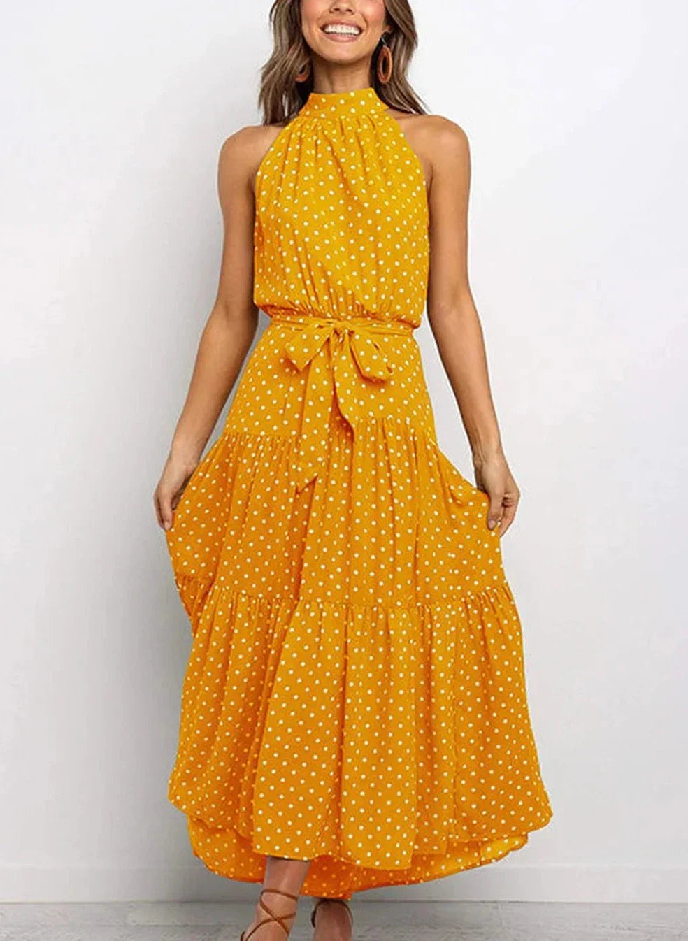 Robe longue imprimée avec nœud à la taille