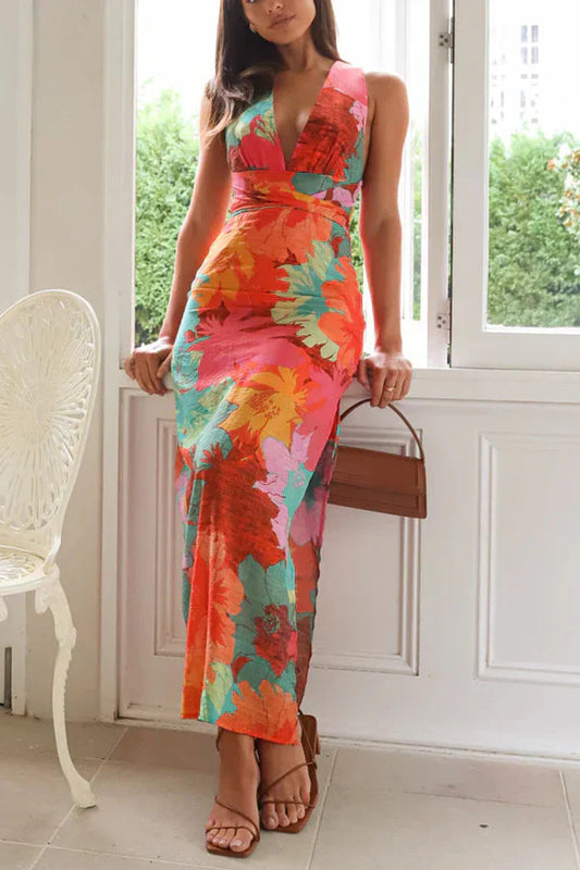 Robe longue imprimée, encolure en V et taille haute