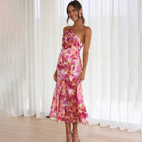 Robe midi à imprimé floral et motif asymétrique à une seule bretelle