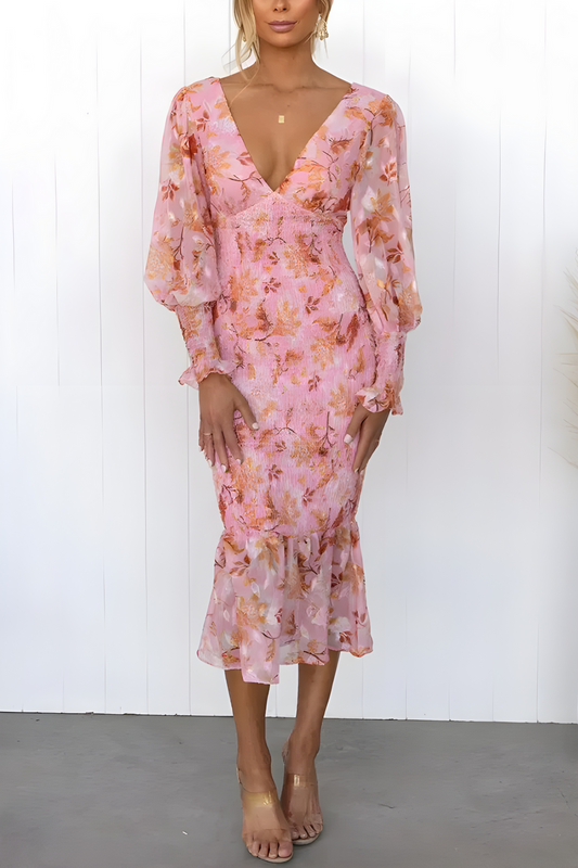 Robe midi fluide à manches longues et imprimé floral délicat pour un look élégant