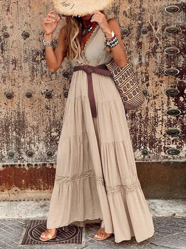 Nouvelle robe longue de style français à taille haute et encolure en V avec coutures et longueur midi