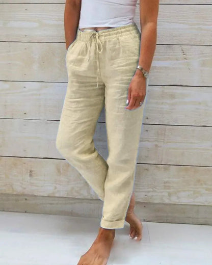 Pantalon en lin pour dames - style décontracté - tissu respirant - idéal pour la maison et les sorties informelles