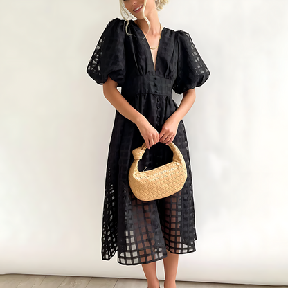 Robe midi élégante pour l'été avec manches courtes bouffantes