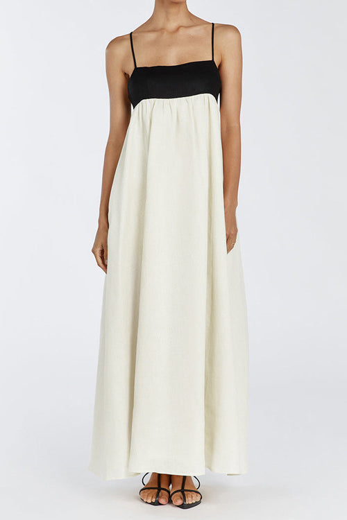 Robe longue à bretelles lâches en patchwork noir et blanc