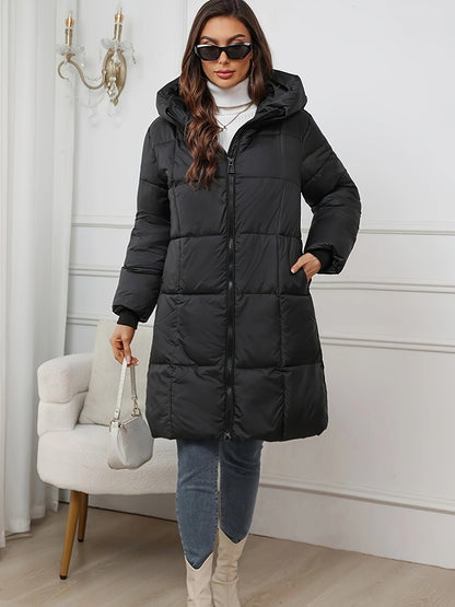 Veste tampon chaude et décontractée de longueur moyenne avec capuche pour femmes | Idéal pour l'automne/hiver