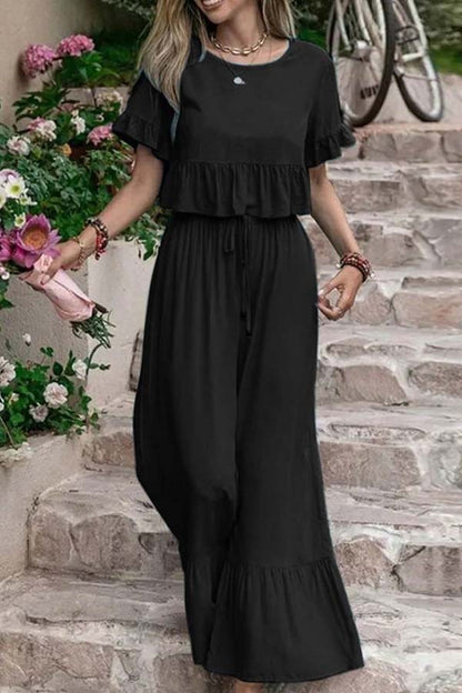 Ensemble deux pièces pour pantalons amples unicolores à manches courtes et jambes larges