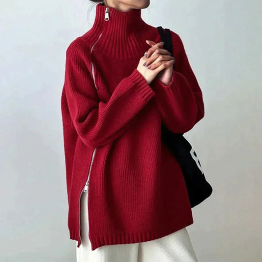 Patrisha - Pull Rouge Uni à Col Haut pour Femmes