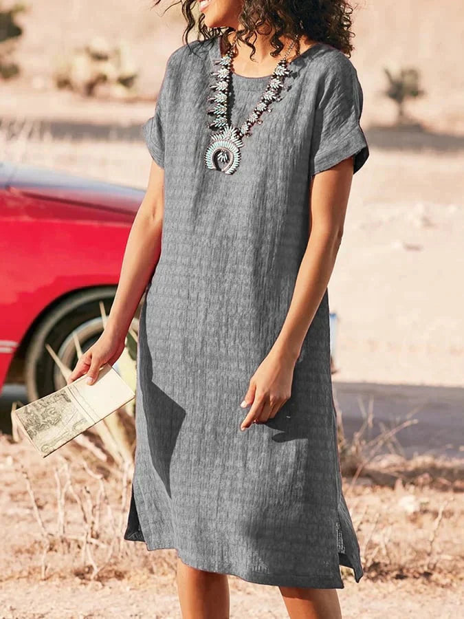 Kyla - Robe midi d'été à col rond et manches courtes