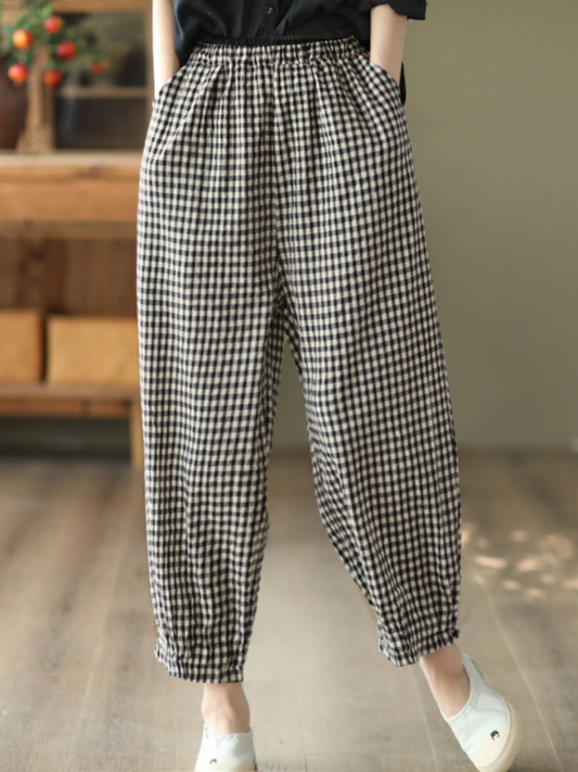 Bas de pantalon sarouel décontracté à carreaux à taille élastique