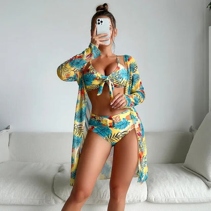 Bikini d'été élégant à taille haute et à motif floral