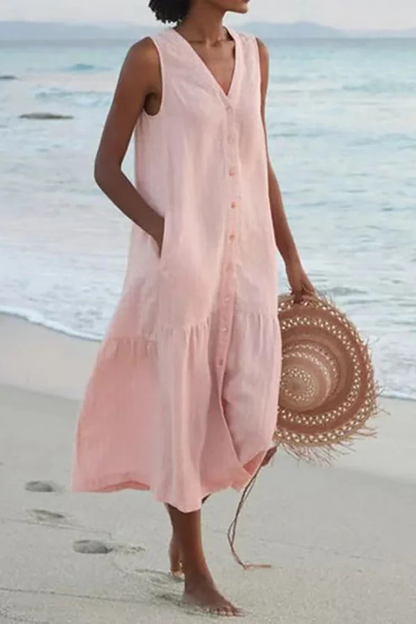 Robe longue sans manches avec encolure en V et boutons