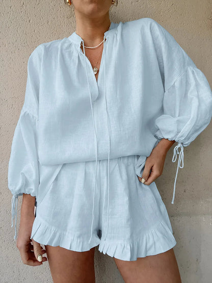 Ensemble deux pièces en coton et lin avec haut à manches lanternes et pantalon court
