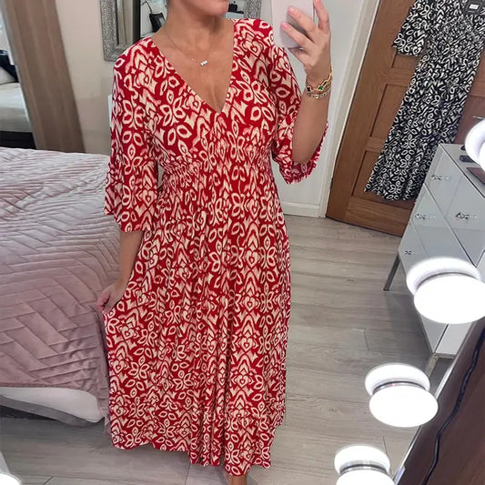 Joelina -Robe de bohème avec encolure en V et plis à la taille