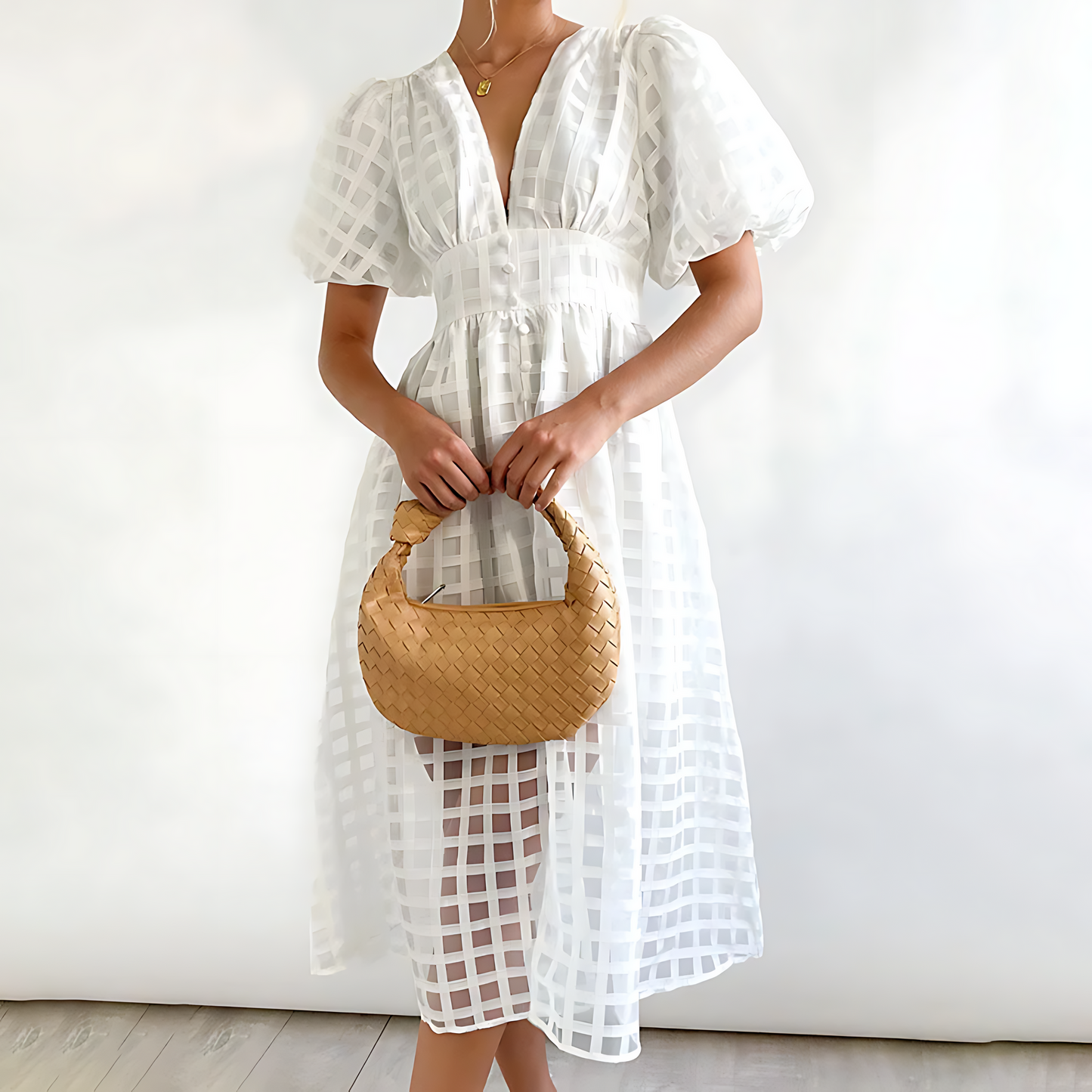 Robe midi élégante pour l'été avec manches courtes bouffantes