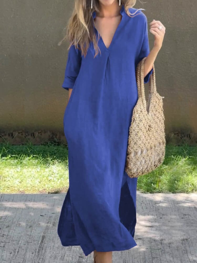 Robe longue élégante avec encolure en V et silhouette ample