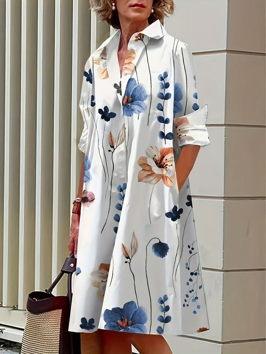 Robe chemise décontractée avec fleurs et poches fendues