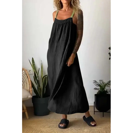 Robe longue en chambray avec poches et bretelles contrastées couleur beau blue