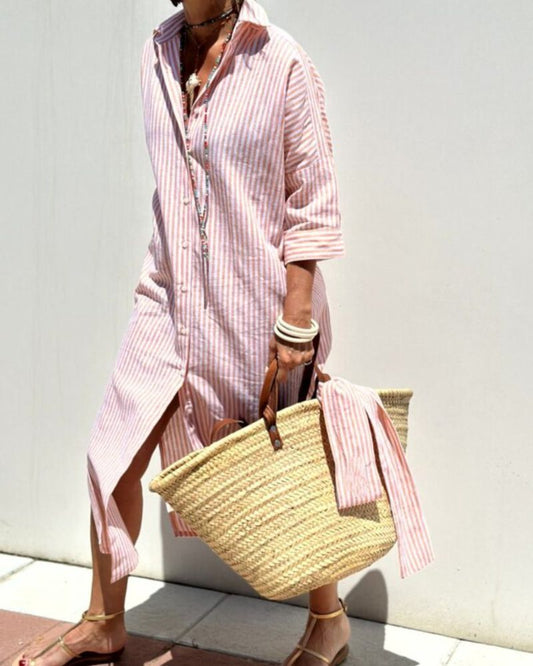 Robe chemise rayée à manches longues et style moderne