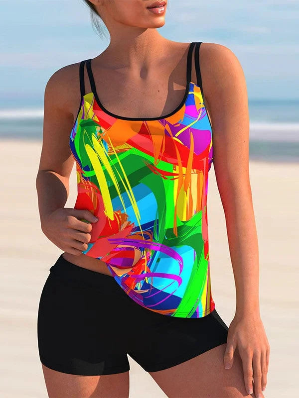 Plus Size Swimwear Tankini sans manches à imprimé floral et à rayures légères