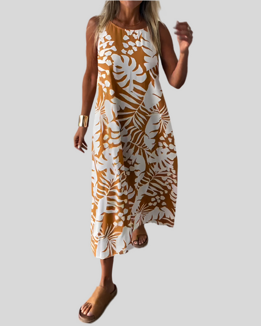 robe longue sans manches avec motif feuillage et style élégant