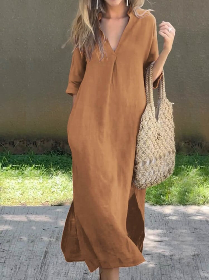 Robe longue élégante avec encolure en V et silhouette ample