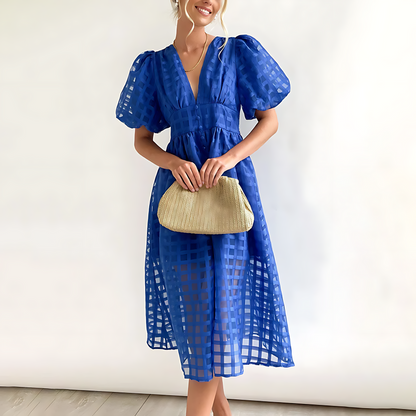 Robe midi élégante pour l'été avec manches courtes bouffantes