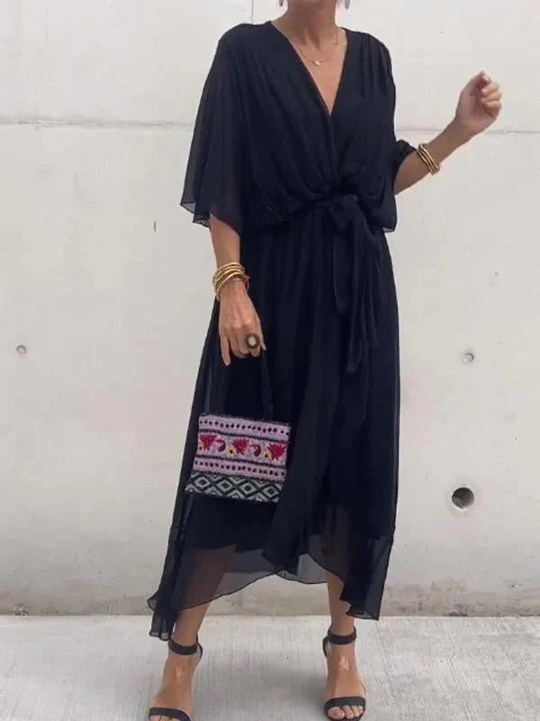 Keira - Robe élégante et stylée en mousseline de soie avec décolleté en V