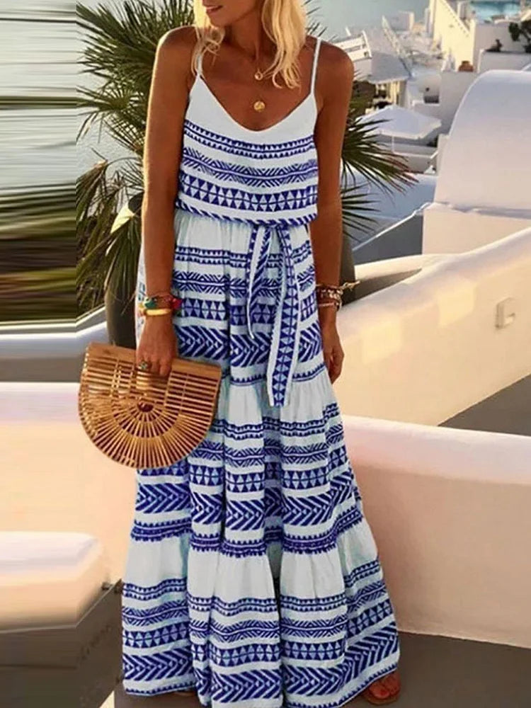 Robe de plage bohème imprimée en V avec encolure