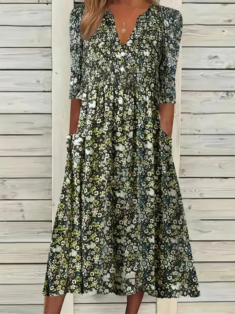 Blossom Ditsy robe à imprimé floral, encolure en V et poches